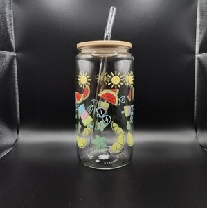 Colorful Glass Tumbler with Straw and Bamboo Lid